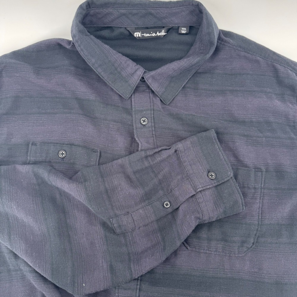 TravisMathew‎ Mens 3XL Navy Blue Striped Long Sleeve Button Down Shirt Pockets